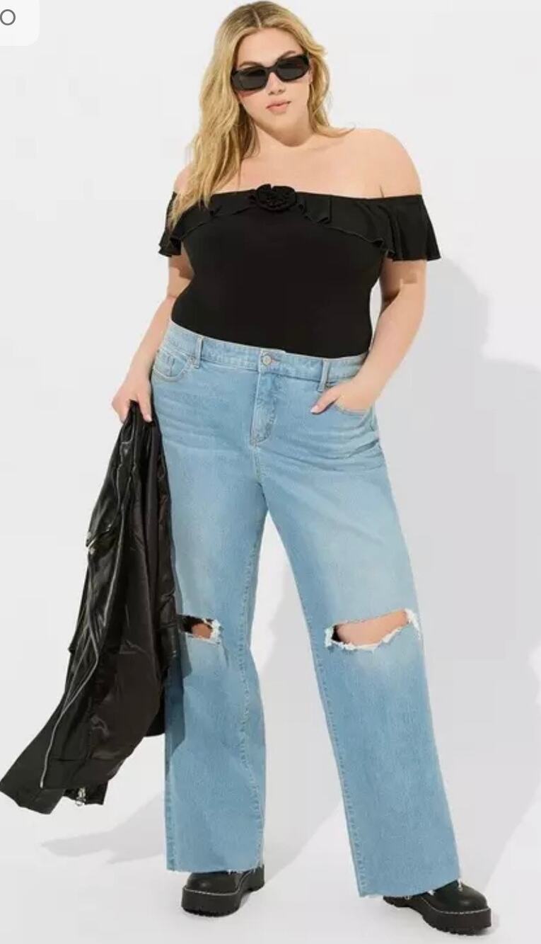 NEW Torrid Studio Knit Off Shoulder Ruffle Rosette Top Jersey Knit Black 1X